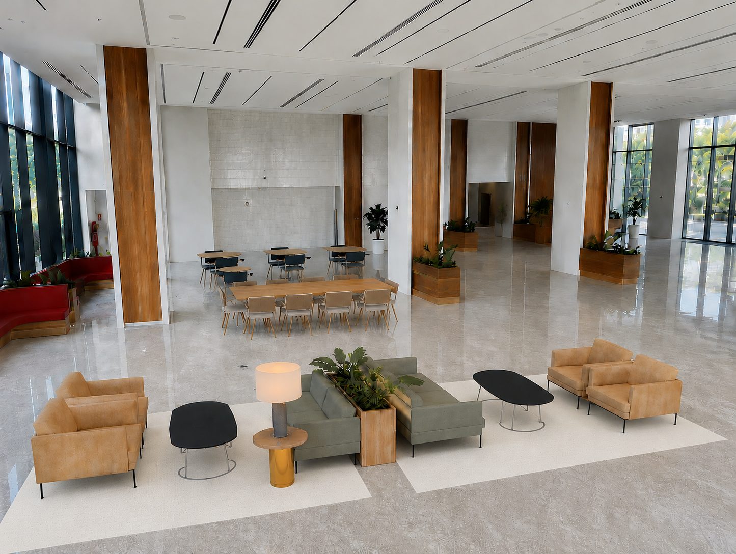 Large shared lobby and lounge at OP Tower with communal seating, tables, planting and daylight